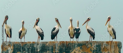  a group of pelicans sitting on top of a wooden post next to a body of water with a blue sky in the background.