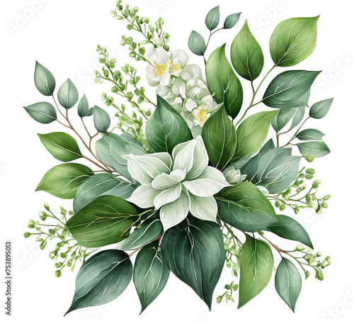 Greenery branches and jasmine flowers clipart. Green foliage bouqet