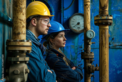 The engineers, in a geothermal plant, discuss heat exchange. The male engineer inspects pipes, while the female engineer monitors pressure gauges.