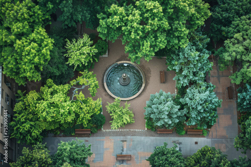 A bird's eye view of a city park with trees, benches, and a fountain