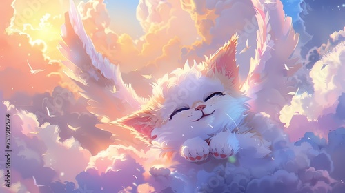 Nestled in a bed of fluffy clouds, the cute character dreams of soaring through the sky, its arms outstretched like wings as it imagines the wind in its fur.