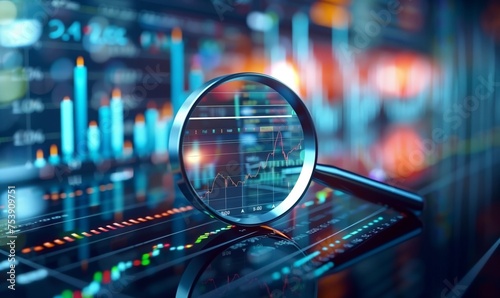 Magnifying glass over stock charts, graphs, and data visualizations, presented in the distinct framing and performance, accumulative process, stock market or cryptocurrency investing concept.