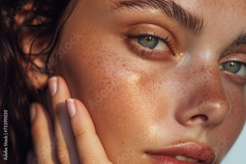 close up of young caucasian woman in natural set with freckles pale skin blue eyes in magazine editorial look with facial mask floral looking at camera for natural beauty skincare spa commercial