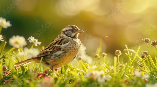 Cute Emberiza Cirlus Passerine Bird Sitting On Lawn In Nature