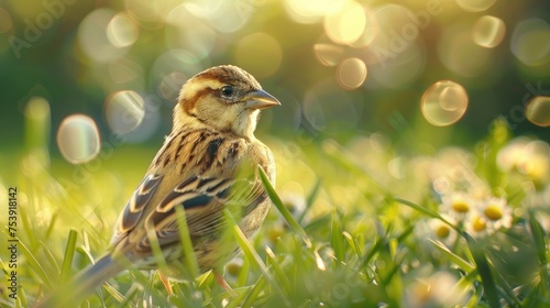 Cute Emberiza Cirlus Passerine Bird Sitting On Lawn In Nature