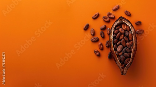 Cocoa beans spill from a cocoa pod against a warm orange backdrop