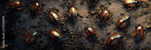 Lots of cockroaches at home textured background, Group of cockroaches shining like gold