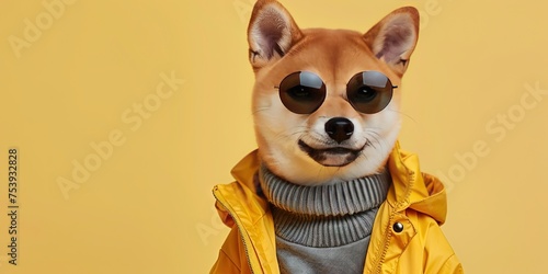 Shiba Inu doge wearing sunglasses and trendy clothing on yellow background