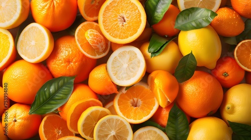 Summer fruit background. Oranges and lemons 