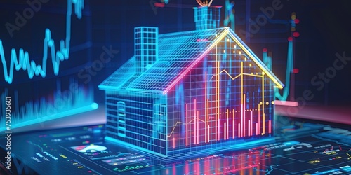 Wireframe house hologram on smartphone screen, augmented reality and real estate concept for mortgages, insurance, and foreclosures