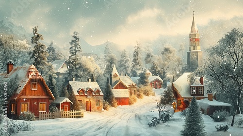Vintage Style Christmas Village with Snow: Winter Landscape