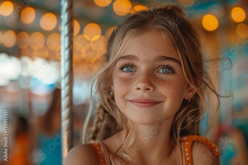 Smiling young girl with blue eyes enjoying a fairground ride at an amusement park