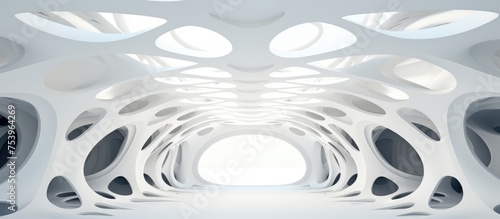 A large white structure with an intricate design featuring numerous holes arranged in a parametric pattern. The holes serve as windows, creating a unique play of light and shadow within the space.