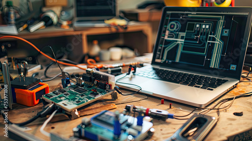 Tech enthusiast's bench with a laptop showcasing circuit designs amidst various electronic components and tools. 