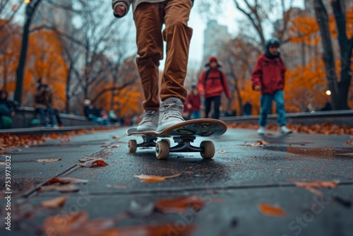 A skateboarder's lower body gliding through a park strewn with fall leaves, capturing the motion and vibrancy of skate culture