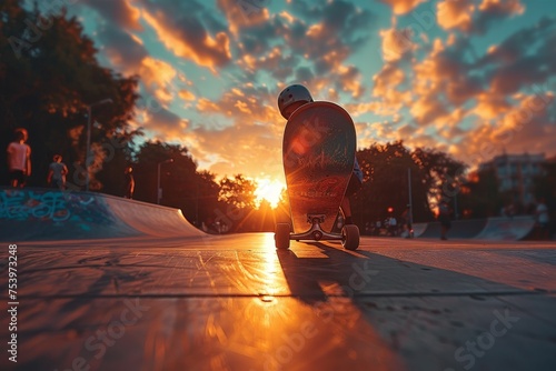 A warm sunset bathes a skateboard in golden light at a city skatepark, the scene is empty and evokes freedom