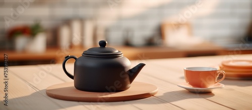 A ceramic tea pot, cup, and saucer are arranged neatly on a round wooden table. Nearby, there is a notebook with empty pages. The scene is set against a blurred kitchen interior with bright furniture.