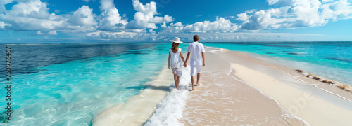 Banner of A young couple enjoys their summer vacation walking along a tropical beach on a sunny day on white sand,adventurous spirit to travel. copy space