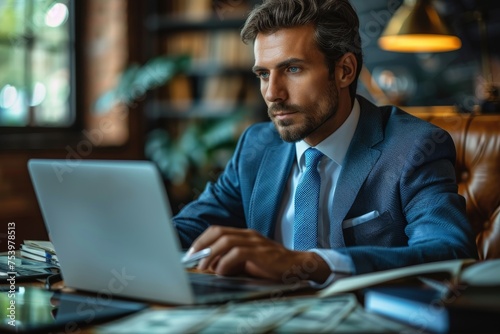 A handsome businessman in suit focuses intently on his laptop screen, suggesting concentration on work