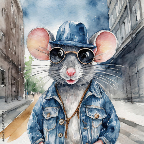 Watercolor portrait of a cute mouse in a hat and sunglasses on a city street. Sketch for children