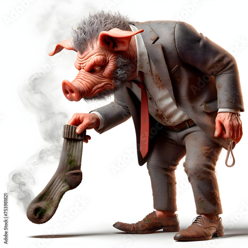 pig character face in suit lowered holding a stinky sock, white background