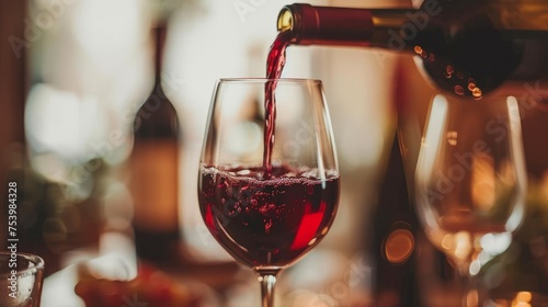Red wine being poured in to wine glass with blurred background