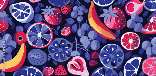 Seamless fruit and berry pattern on dark blue background in textile design