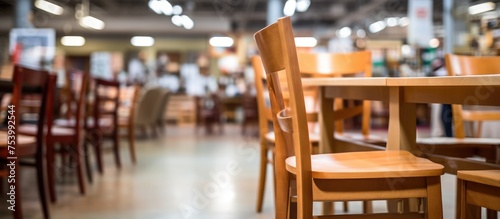 Many wooden chairs and tables are arranged in a large room. The furniture is on display, with a dining table set blurred in the foreground, in a furniture warehouse showroom in America.