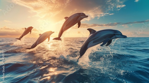  Dolphins in mid-jump against a sunset backdrop over the sea, splashing water.
