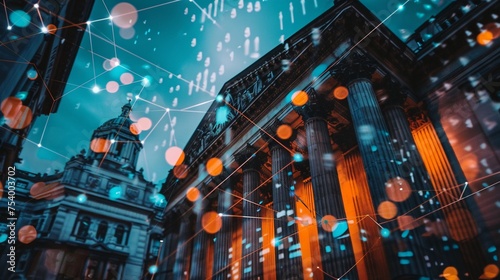 Smart contracts and AI financial advisors set against the backdrop of historic banking institutions