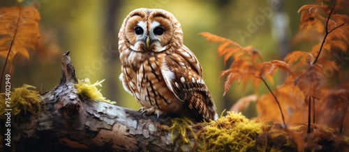 A Tawny owl, also known as a brown owl, perches serenely on a tree branch in a European woodland. The owls feathers blend seamlessly with the bark of the tree, showcasing its natural camouflage in the