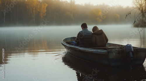 A couple in a rowing boat at a misty dawn, a romantic vacation on the lake