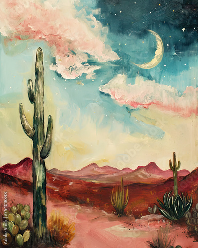 Pink Desert Landscape Painting, Art, Cactus, Moon