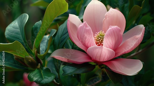 A large, pink southern magnolia flower is surrounded by glossy green leaves of a tree. Pink petal close up. Spring background. Loebner Magnolia, Magnoliaceae Hybrid,generative ai, 