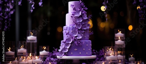 A purple wedding cake is elegantly displayed on top of a table covered in glowing candles, creating a warm and inviting ambiance.