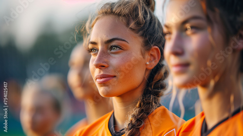 College women soccer players on a field in orange uniform.