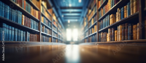 A view inside a library with a long row of books stretching along the bookshelf. The books are neatly arranged in rows, filling up the shelves from top to bottom.