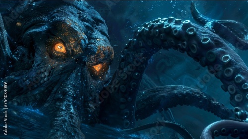In the shadowy depths of the Bermuda Triangle a colossal Kraken lurks its long tentacles reaching out to ensnare any unlucky ship that ventures too close. Its glowing eyes