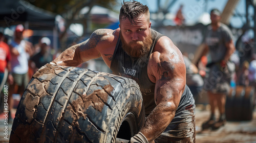 Strong man lifting big truck tire during a competitive lifting sports event.