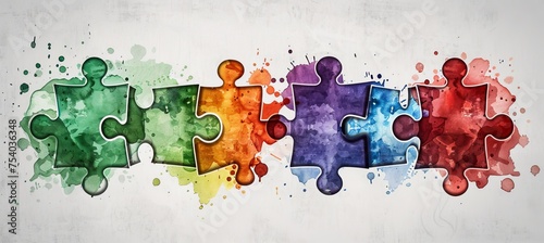 Abstract watercolor puzzle pieces symbolize connection and diversity in vibrant design.