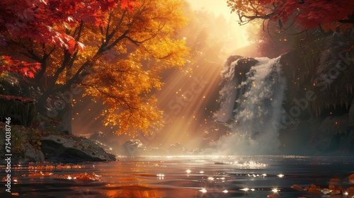 A waterfall surrounded by autumn-colored foliage, with the sun enhancing the golden and red hues of the leaves, creating a warm and inviting scene. 8k