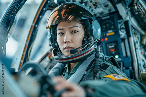 Confident Female Pilot in Cockpit of Military Aircraft with Helmet and Avionics