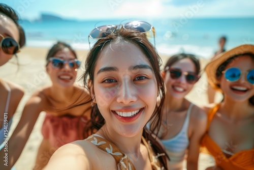 Group of Happy Young Friends Taking a Selfie on a Sunny Beach Day with Clear Blue Sky