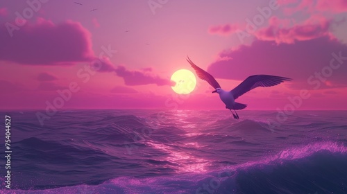 An ethereal sunset with rich lavender and pink hues over the sea, with the silhouette of an albatross adding to the scene's tranquility. 8k
