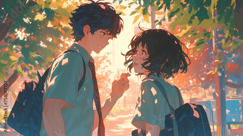 young anime boy and girl couple on a date