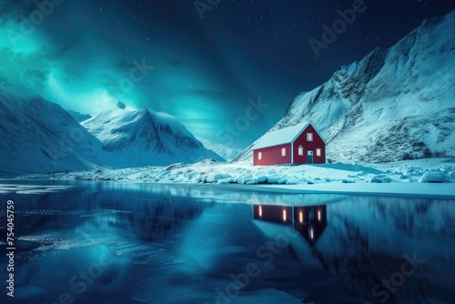 An idyllic winter retreat by a frozen lake, with the Northern Lights creating a spectacular display over the mountains, reflecting both tranquility and the wild beauty of nature. 8k