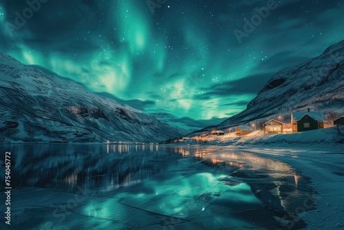 An idyllic winter retreat by a frozen lake, with the Northern Lights creating a spectacular display over the mountains