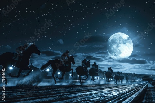 a group of racehorses thundering down the track under a full moon