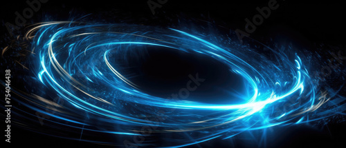 Bright glowing swirls and circular blue energetic lines illuminate the abstract dark background 