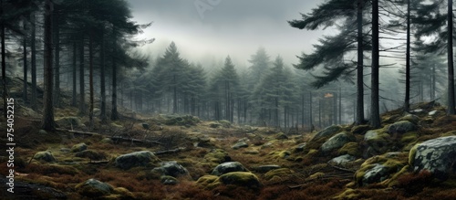 A foggy day in an autumnal pine forest, with rocks scattered among the trees. The mist creates a mystical atmosphere, blending with the forests earthy tones.